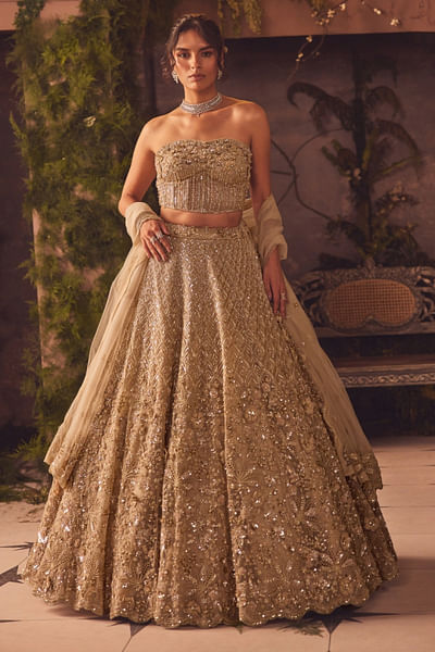 Gold floral embroidered corset and lehenga set