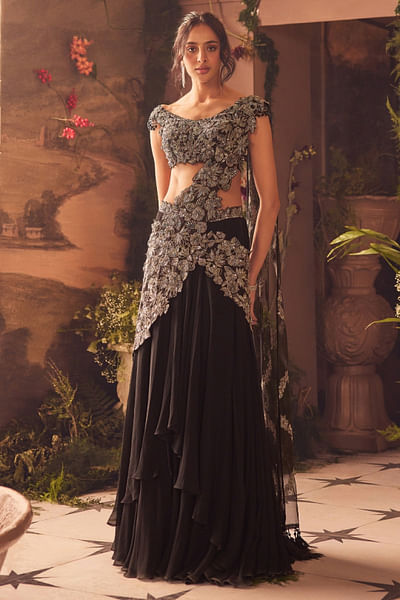 Black floral hand embroidered drape sari set