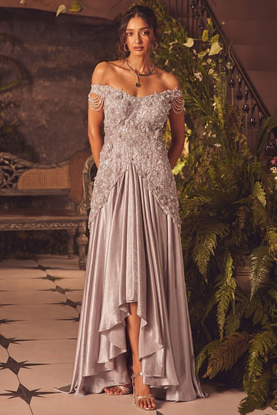 Grey 3D floral hand embroidered gown