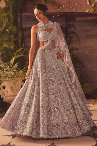 Mauve floral embroidered lehenga set