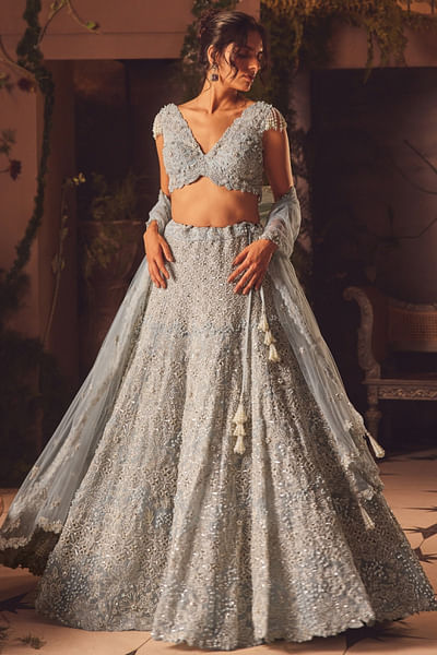 Blue floral geometric embroidered lehenga set