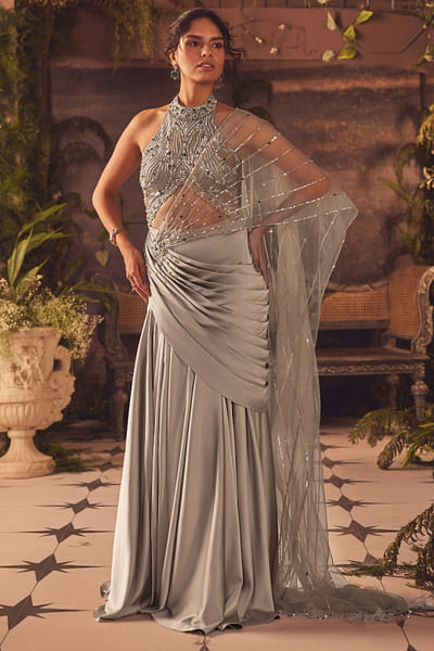 Grey floral embroidered drape sari set
