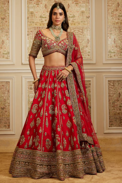 Red jadau and thread embroidered lehenga set