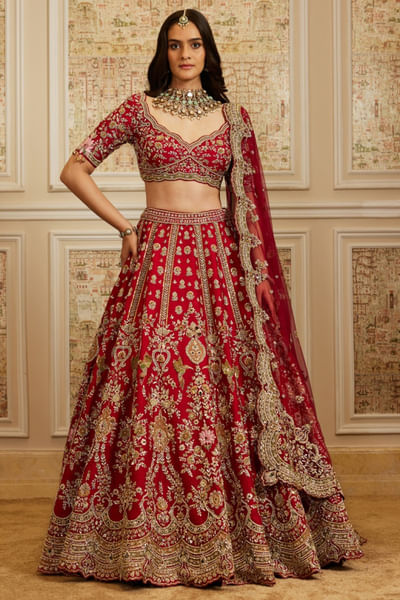 Red 3D lotus hand embroidered lehenga set