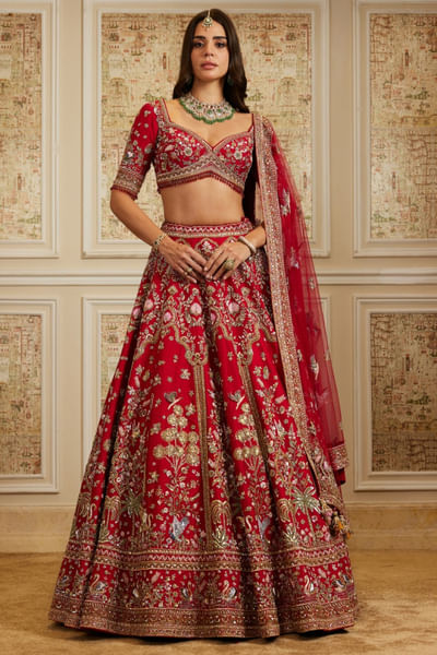 Red zardozi and resham embroidered lehenga set