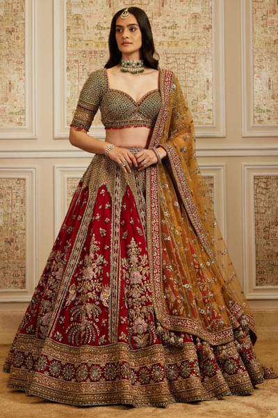 Red resham and zardozi embroidered lehenga set