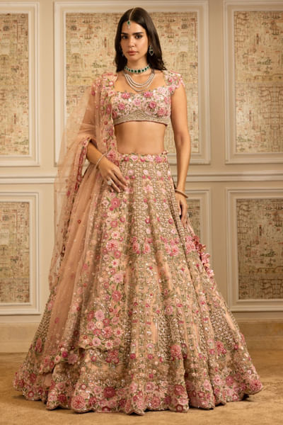 Pink floral hand embroidered lehenga set