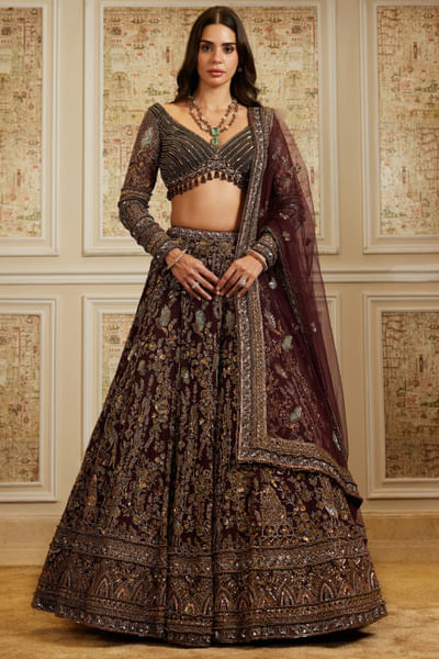 Plum sequin-pearl hand embroidered lehenga set