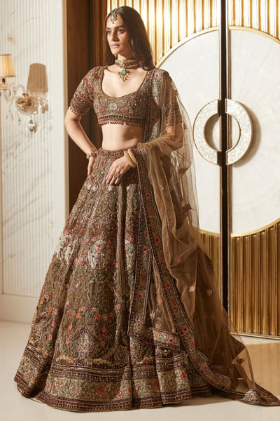 Olive green zari resham embroidery lehenga set
