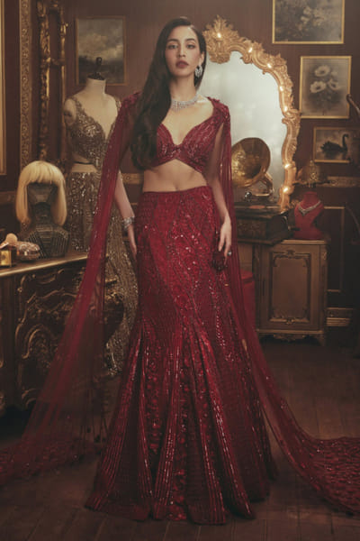 Red bead embellished lehenga set