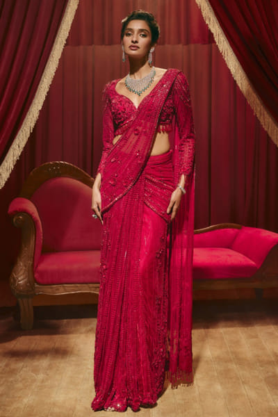 Roqa Red embellished pre-draped sari set ROQMAR26D140647