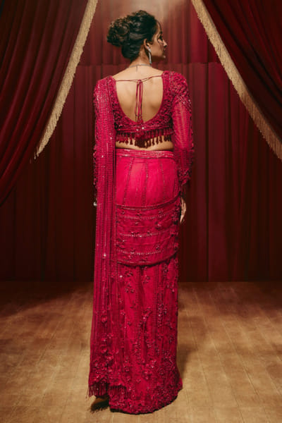 Roqa Red embellished pre-draped sari set ROQMAR26D140647