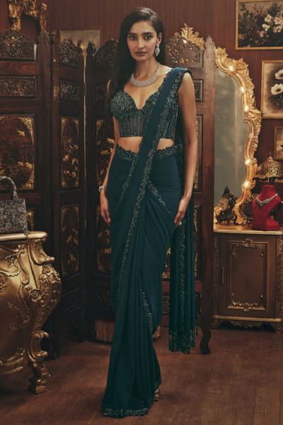 Roqa Teal embroidered pre-draped sari set ROQMAR26D140638