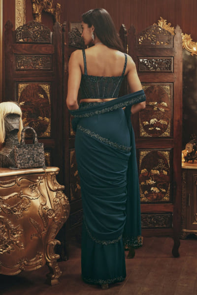 Roqa Teal embroidered pre-draped sari set ROQMAR26D140638