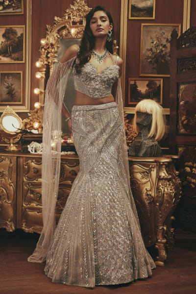 Silver embroidered corset and lehenga set