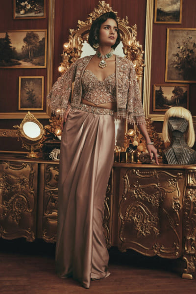 Taupe embellished jacket and drape skirt set