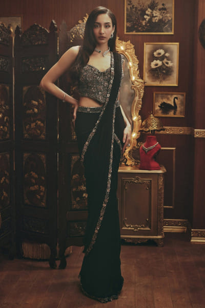 Roqa Black embellished pre-draped sari set ROQMAR26D140637