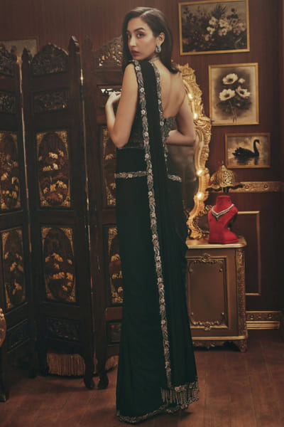 Roqa Black embellished pre-draped sari set ROQMAR26D140637