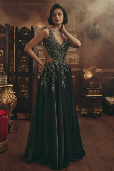 Black metallic embroidered gown