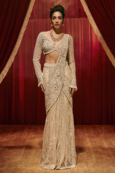 Ivory embroidered pre-draped sari set