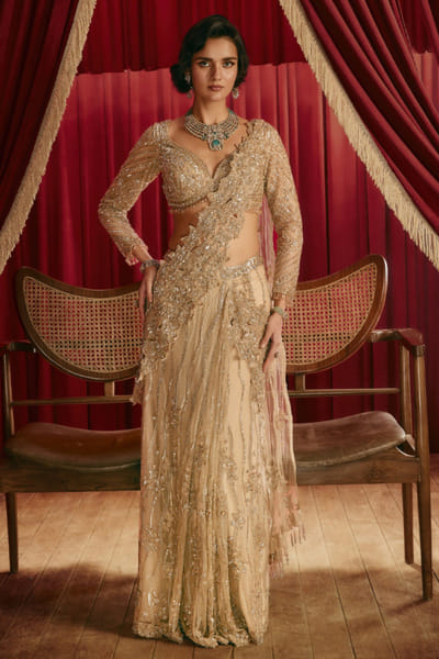 Gold embellished pre-draped sari set