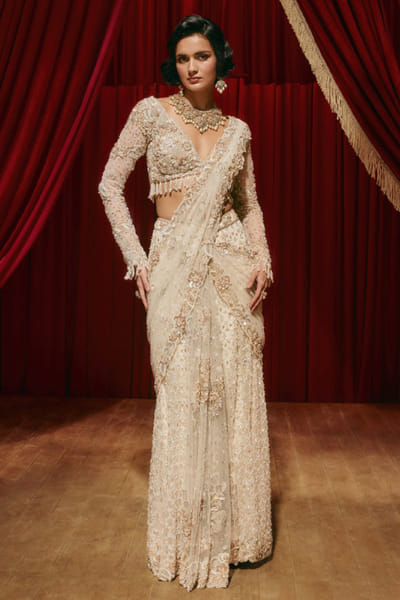 Roqa Ivory hand embroidered pre-draped sari set ROQMAR26D140654