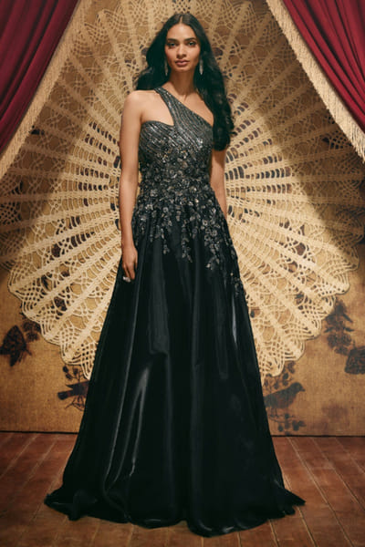 Midnight blue embellished asymmetric gown