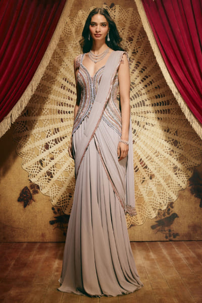 Grey bead embroidered and draped gown