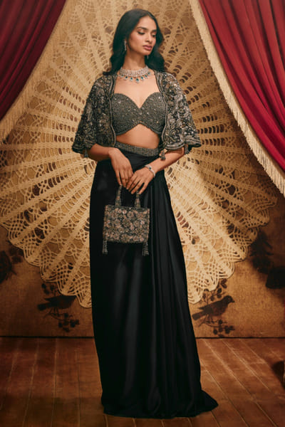 Black embellished cape and drape skirt set