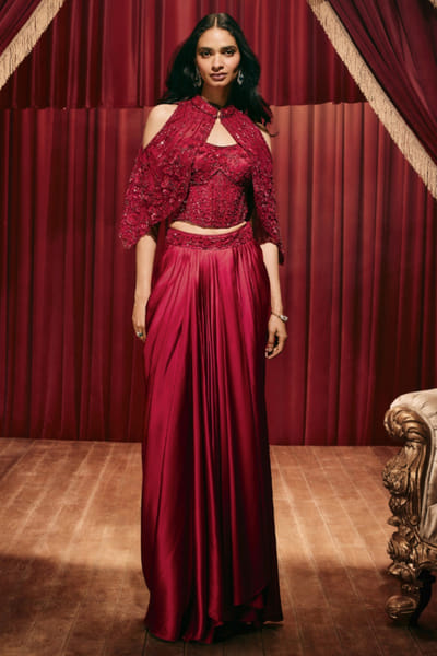 Red embellished cape and draped skirt set