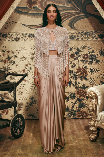 Beige embellished cape and draped skirt set