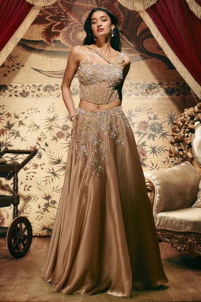 Gold bead embellished lehenga set