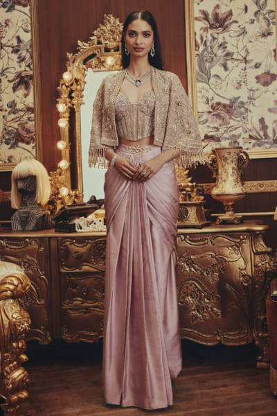 Dusty pink embellished cape-drape skirt set
