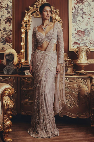 Lilac grey embellished pre-draped sari set