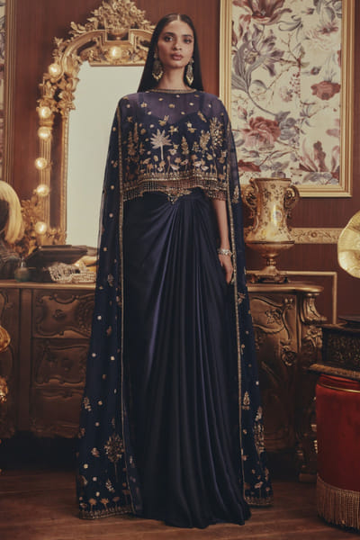 Navy blue embroidered cape and drape skirt set