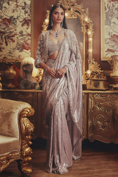 Grey embellished jacket and drape sari set