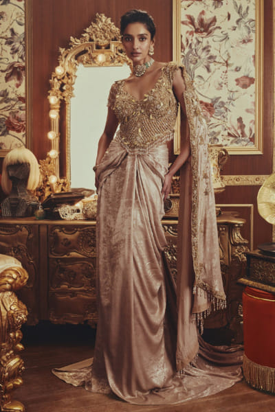 Metallic gold embellished pre-draped sari set