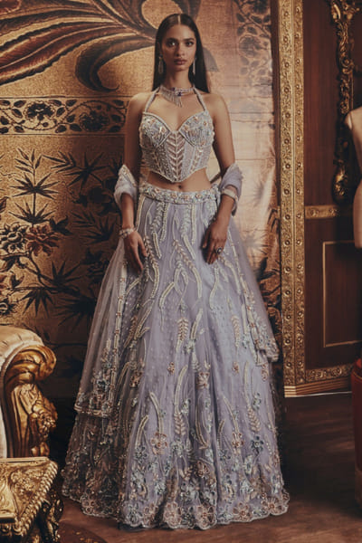 Blue embellished corset and lehenga set