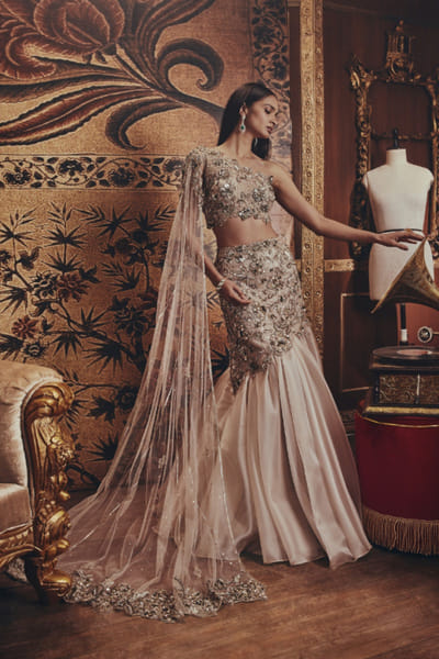 Silver bead embroidered lehenga set