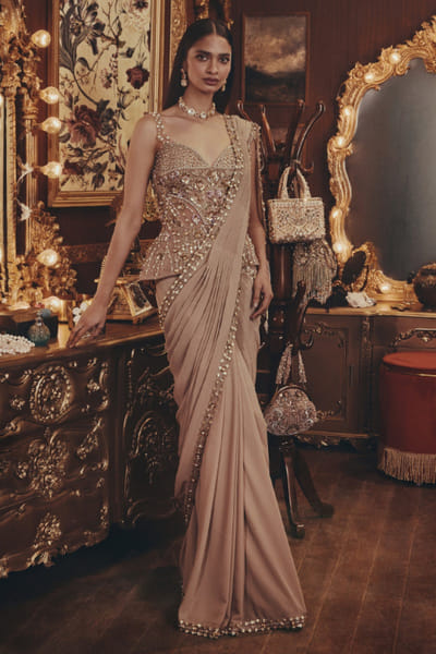 Roqa Taupe crystal bead embellished drape sari set ROQMAR26D240811