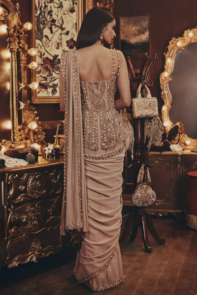 Roqa Taupe crystal bead embellished drape sari set ROQMAR26D240811