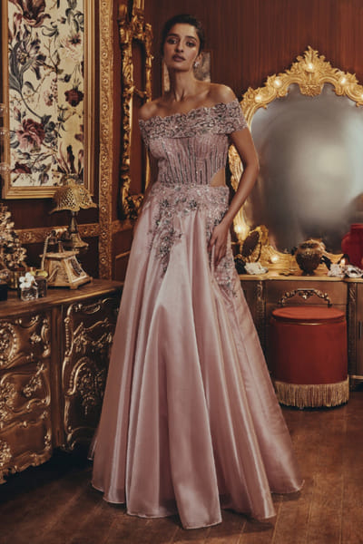 Pink floral embellished off-shoulder gown