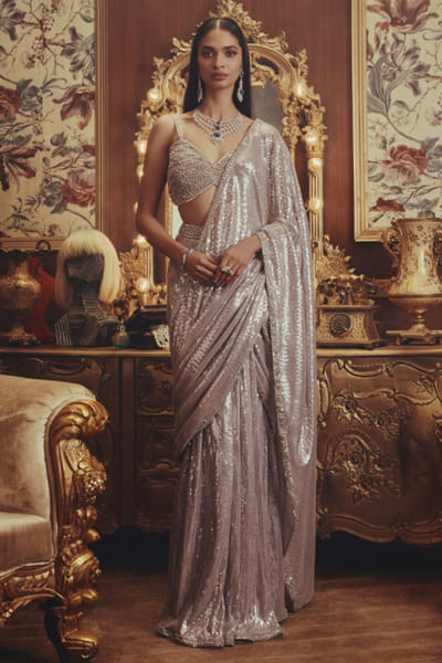 Grey embellished pre-draped sari set