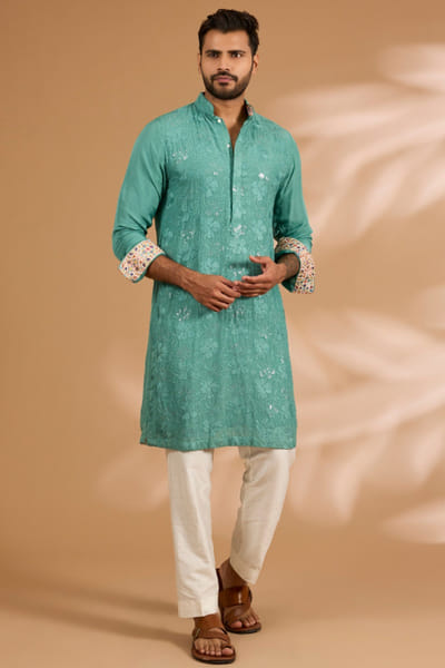 Aqua green sequin kurta set