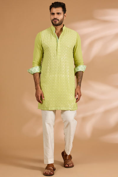 Lime green thread embroidered kurta set