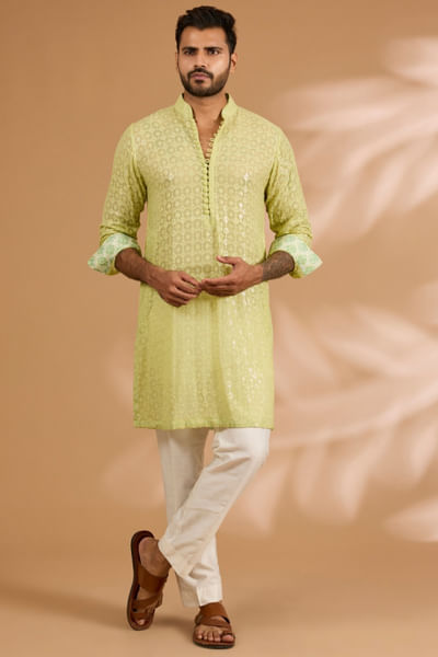 Lime green sequin embellished kurta