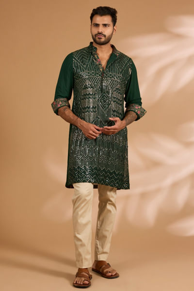 Green sequin embroidered kurta set