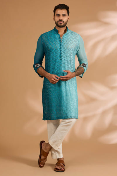 Turquoise thread embroidered kurta set