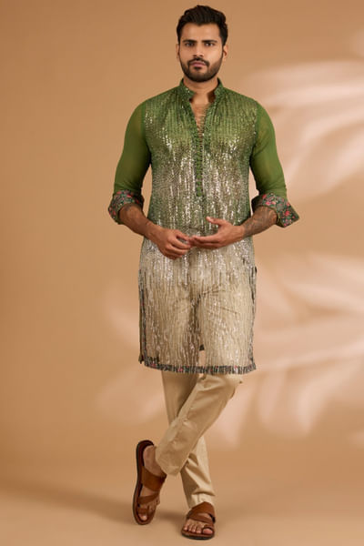 Green sequinned kurta set