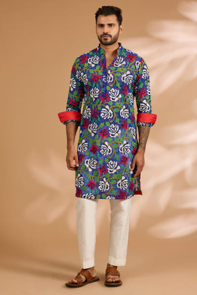 Indigo blue thread embroidered kurta set